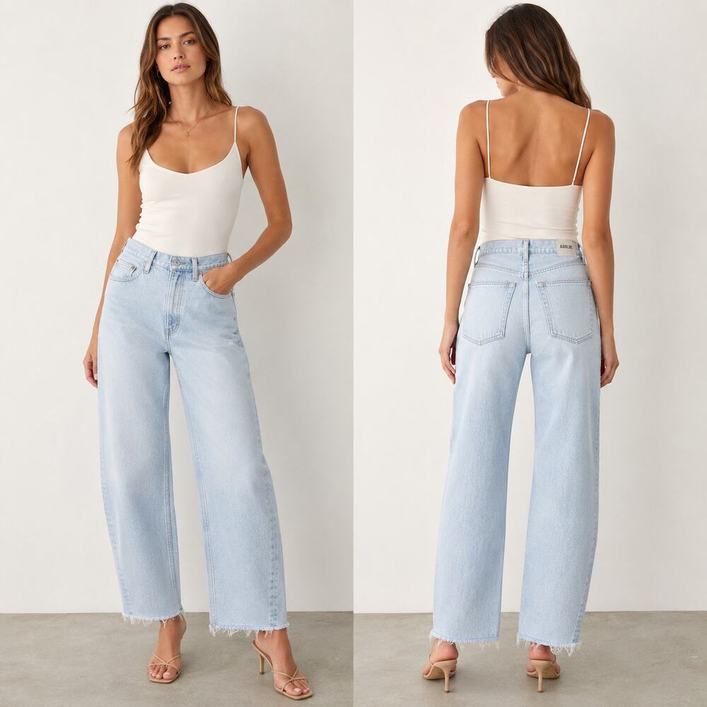 AGOLDE Low Curve Fray Mid Rise Wide Leg Jeans Flourish Size 26 Light Blue NWOT